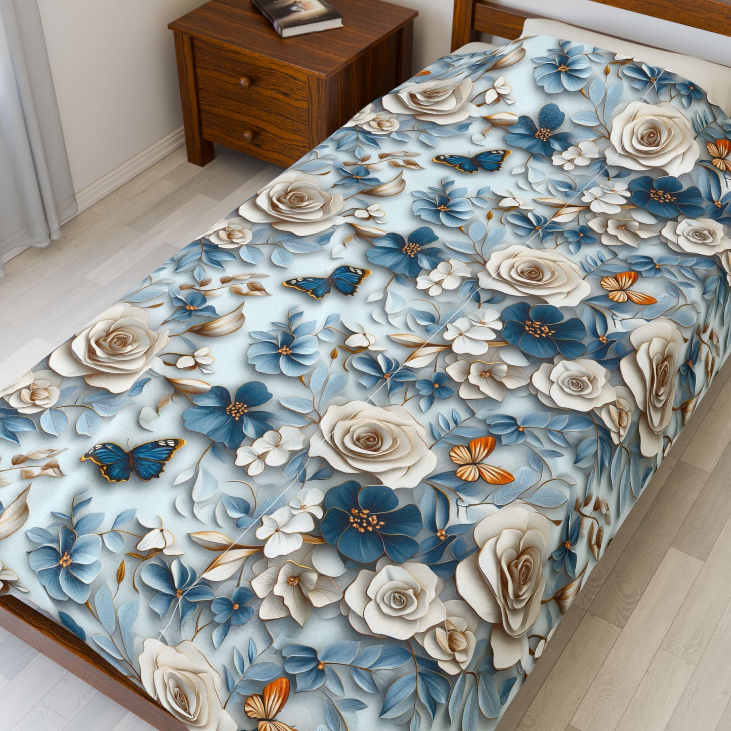 Velveteen plush throw blanket with floral & butterfly design, soft light blue cozy decor