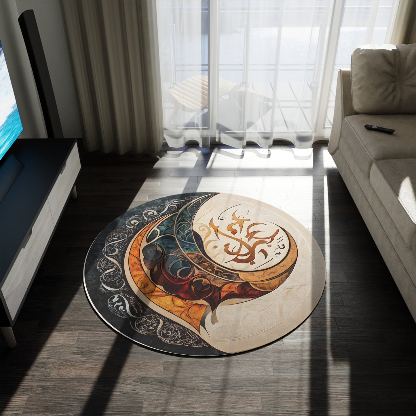 60" Round Abstract Rug, Teal & Orange Calligraphy Art, Soft Chenille Modern Area Rug