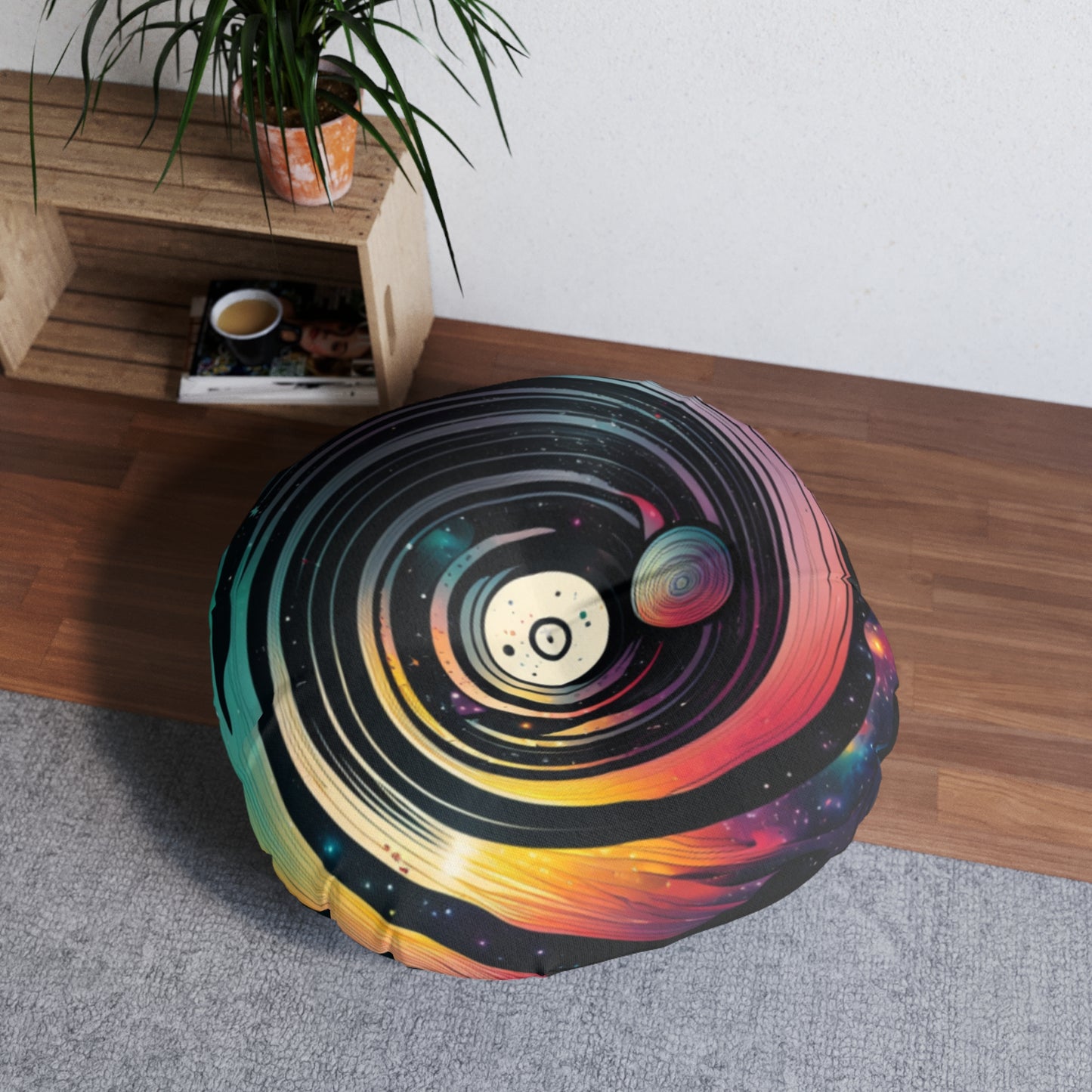 Boho Celestial Round Tufted Floor Pillow - Cosmic Galaxy Cushion, Double-Sided Print