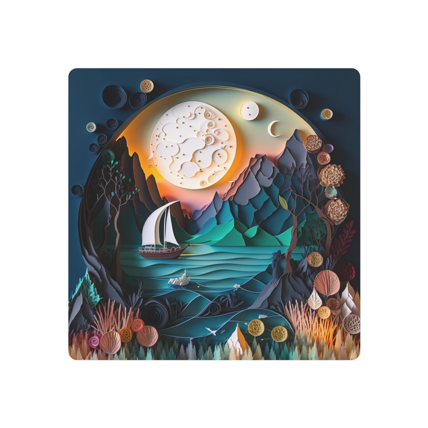 3D Metal Wall Art, Coastal Ocean Scene with Sailboat & Moon | Modern Nautical Home Decor