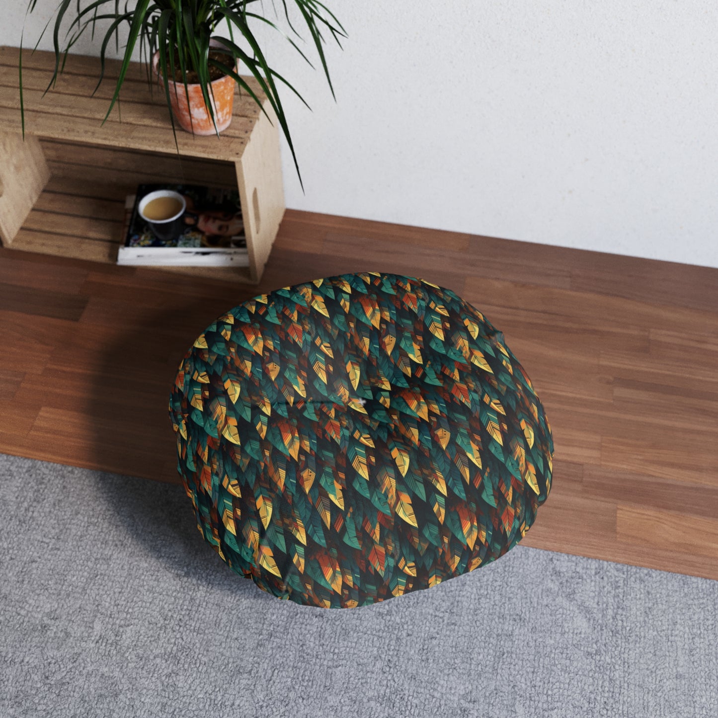 Round Tufted Boho Floor Pillow - Reversible Feather Mosaic Cushion, Cozy Seating Pouf, Two Sizes