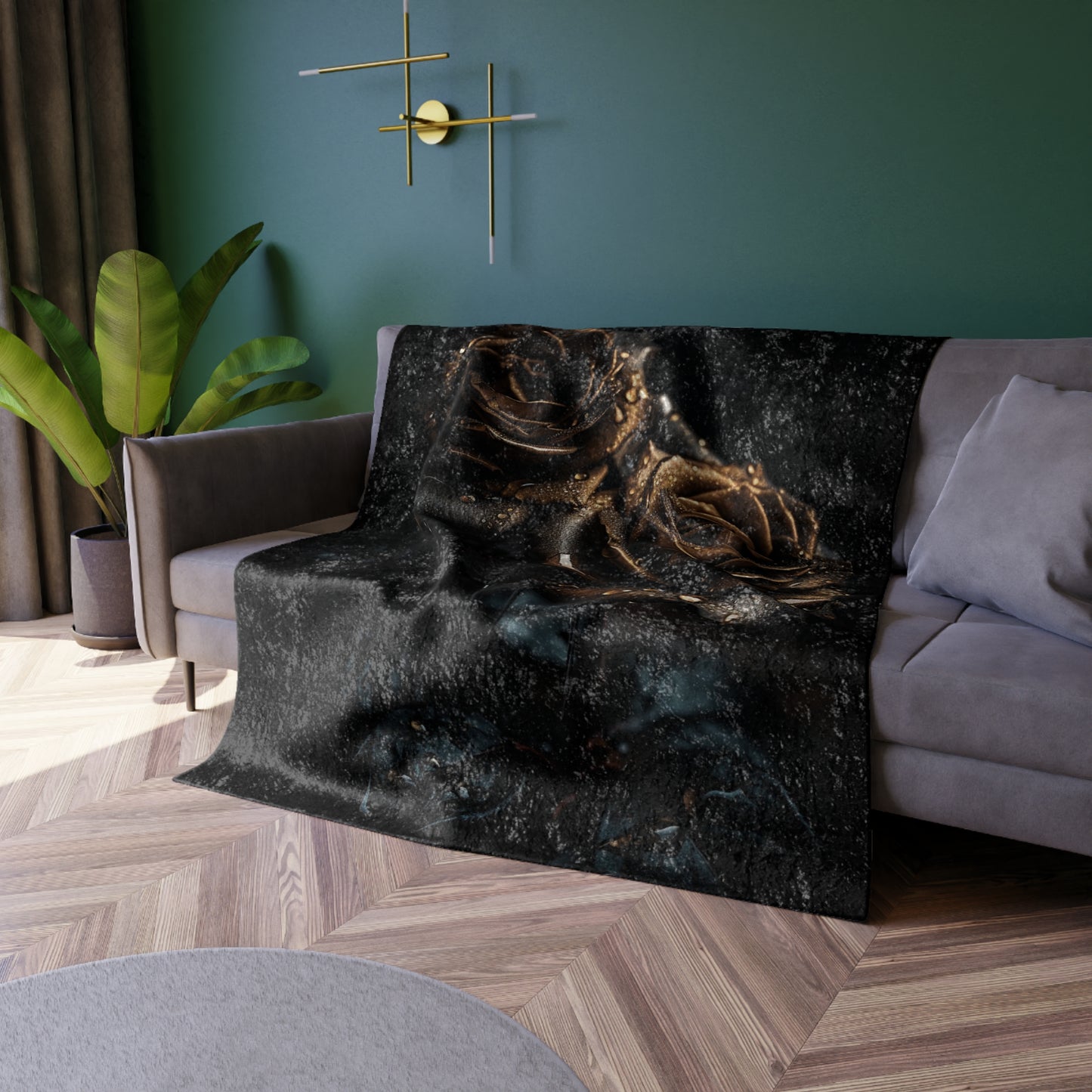 Gold Rose Artwork Crushed Velvet Blanket | Dark Floral Velvet Throw