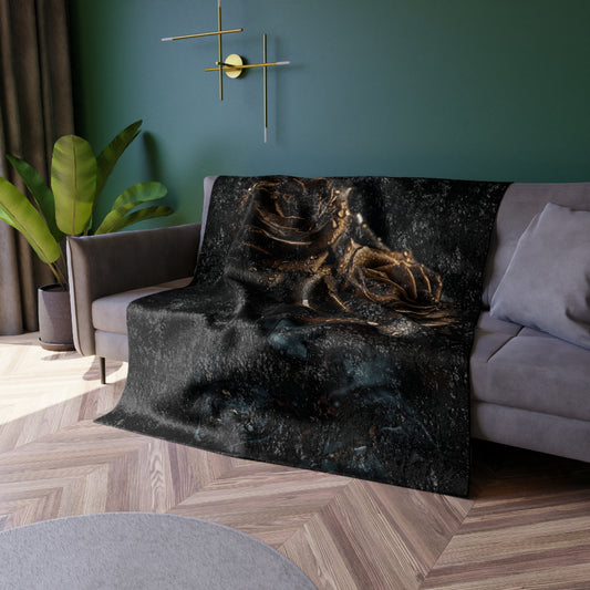 Gold Rose Artwork Crushed Velvet Blanket | Dark Floral Velvet Throw