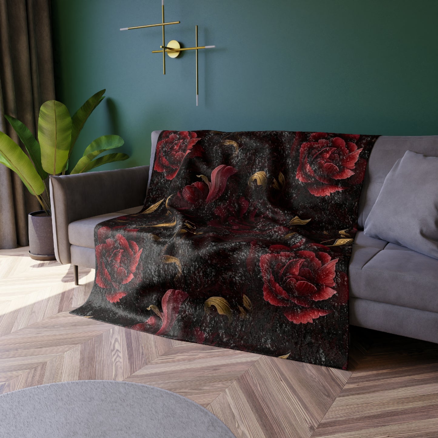 Dark Red Rose Pattern Crushed Velvet Blanket | Gothic Floral Throw