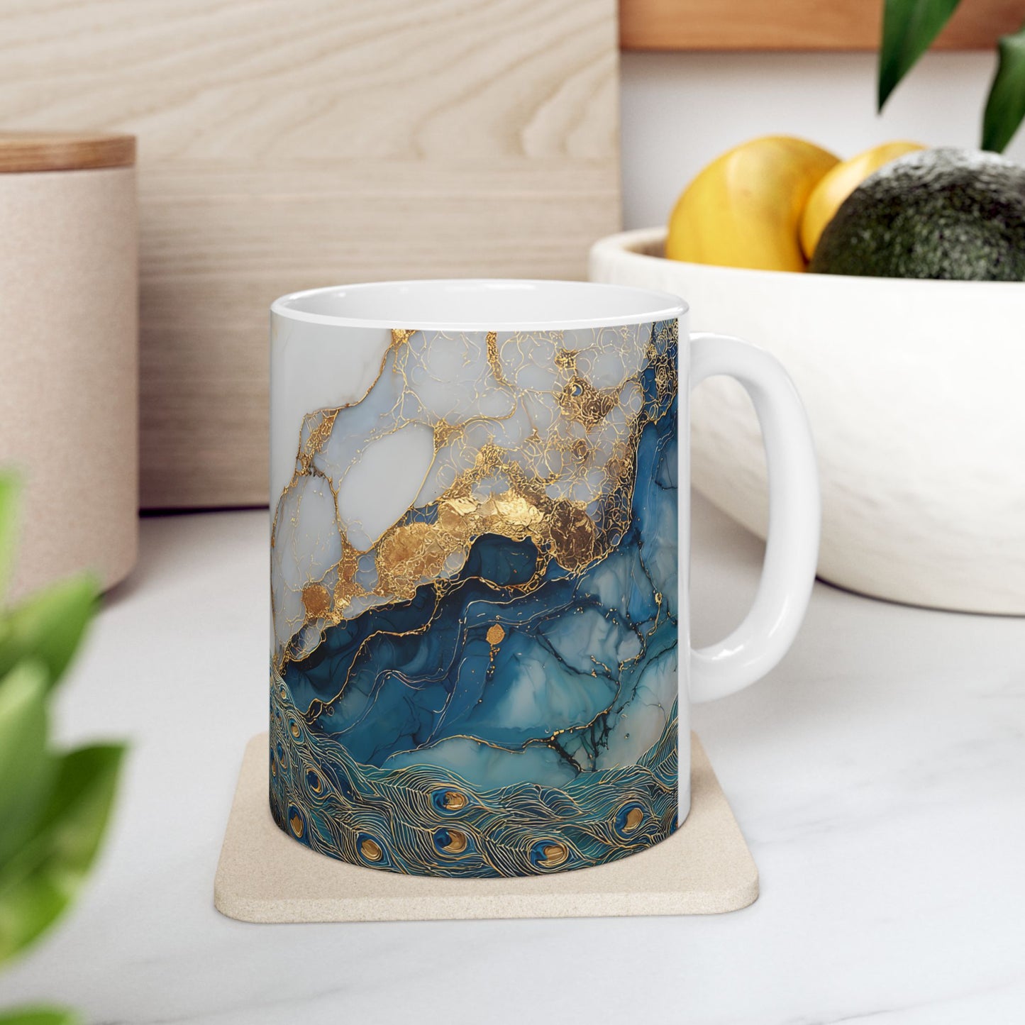 Elegant Peacock Ceramic Mug, Colorful Teal Blue Mug, Unique Coffee Cup Gift, Artistic Tea Mug, Home Decor, Art Lover's Present