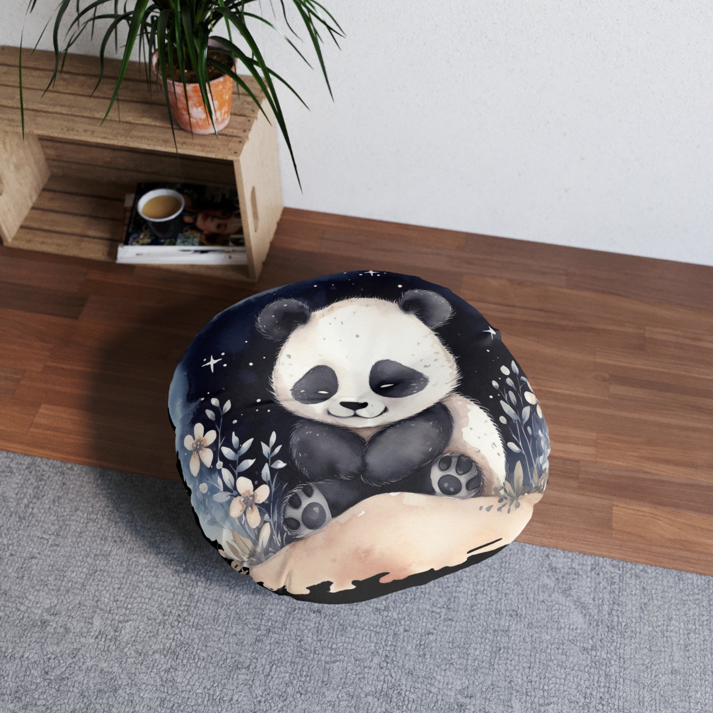 Round Tufted Floor Pillow - Watercolor Baby Panda Night Sky, Nursery Cushion