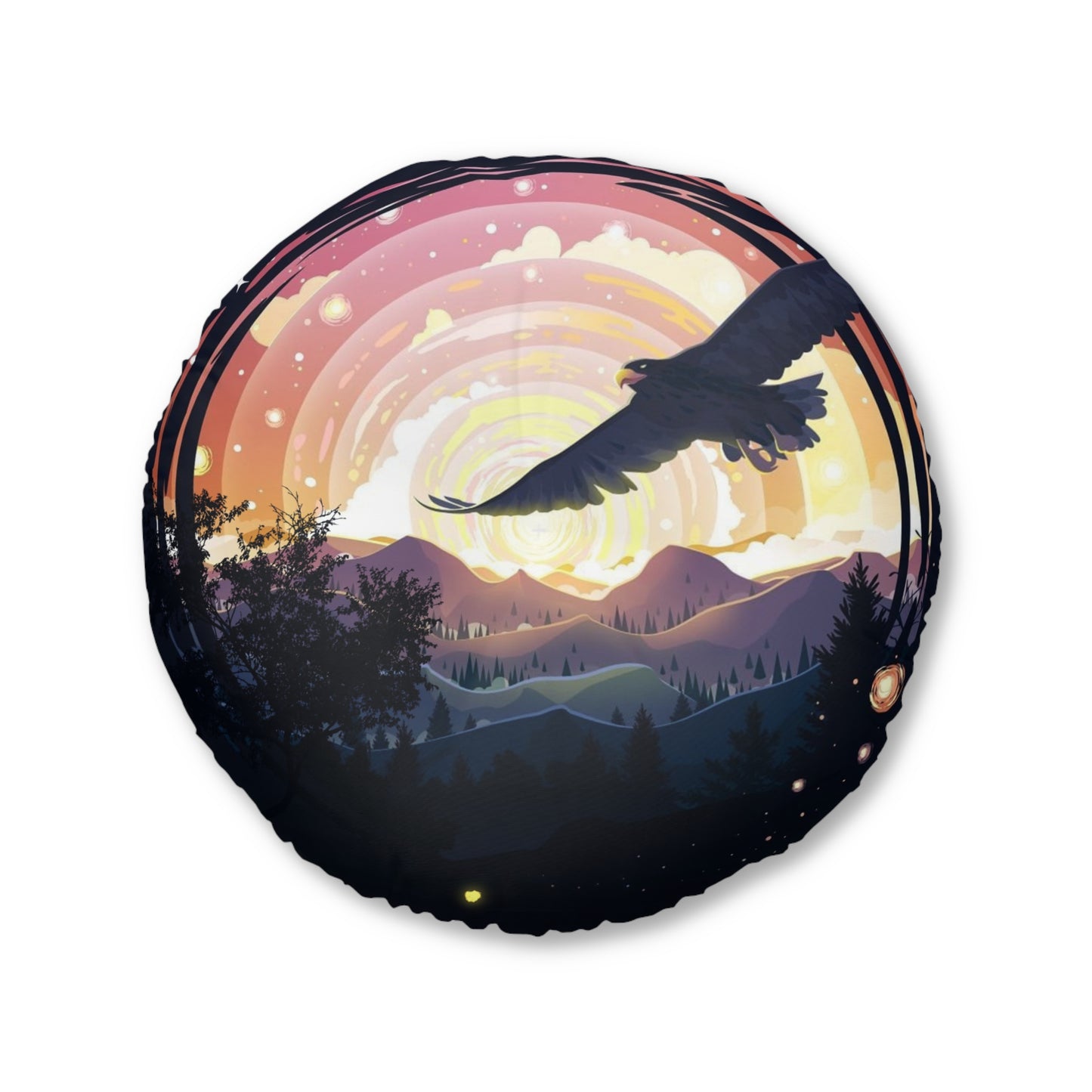 Boho Round Tufted Floor Pillow – Celestial Bird & Sunset Mountains, Double-Sided