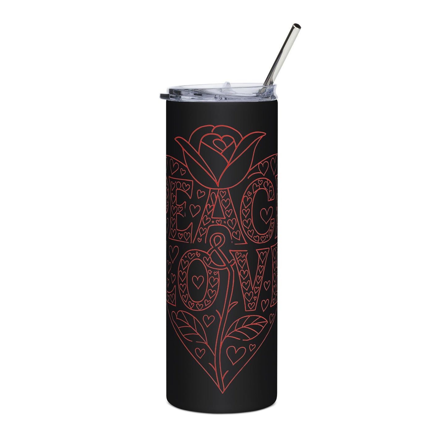 Peace Love Heart 20 oz Stainless Steel Travel Tumbler with Straw - Valentine Gift for Her