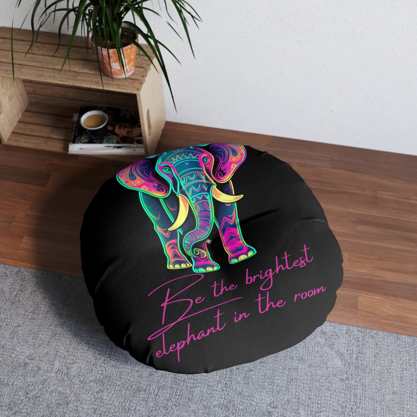 Boho Round Tufted Floor Pillow - Neon Elephant Decor, Black Pouf Cushion, Meditation