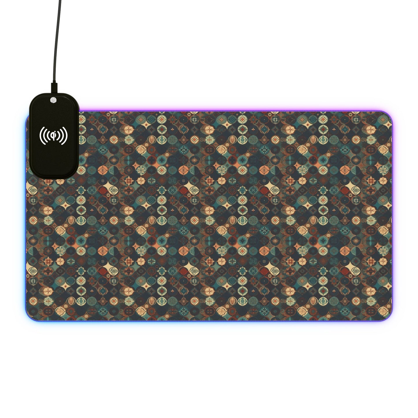 rgb gaming mouse pad with 15w qi charging – smooth xl desk mat, geometric teal gold design