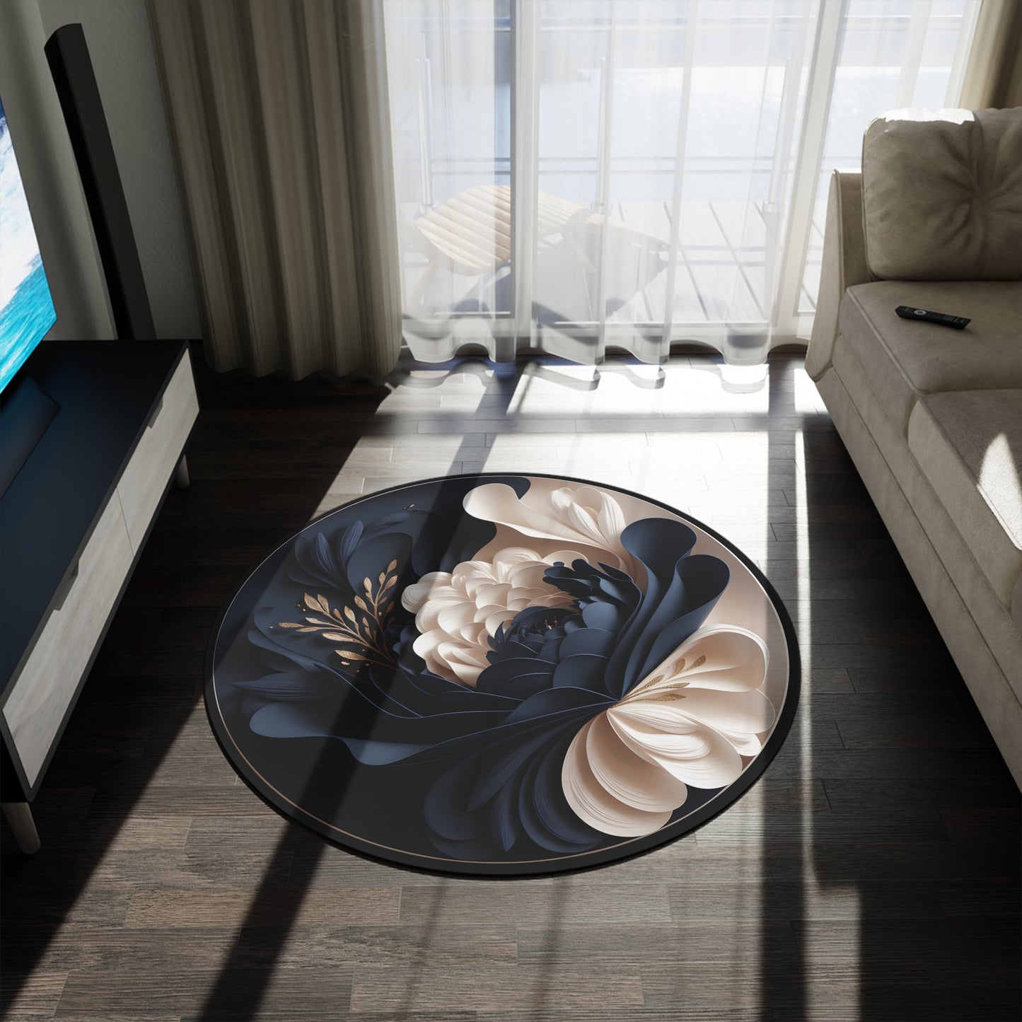 60" Round Floral Rug, Navy Blue & Gold Chenille, Modern Abstract 3D Art Area Rug