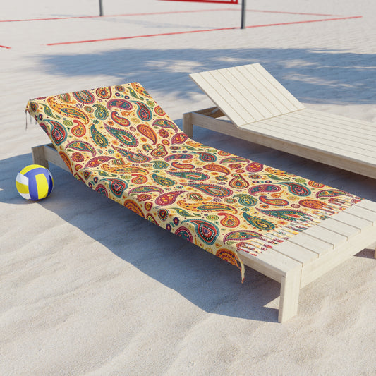 Extra-Long Boho Paisley Beach Towel Blanket w/ Tassels - Quick-Dry 38x81, Yellow