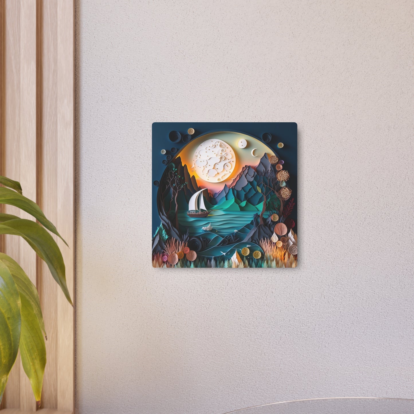 3D Metal Wall Art, Coastal Ocean Scene with Sailboat & Moon | Modern Nautical Home Decor