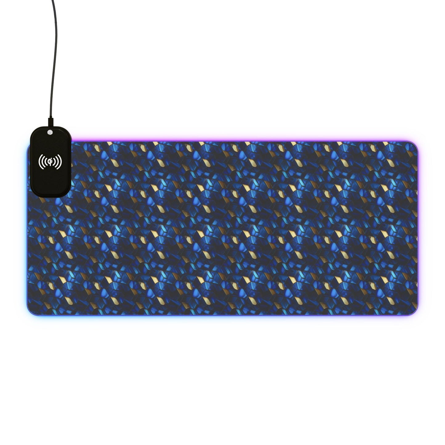 rgb gaming mouse pad with 15w qi charging – blue & gold geometric desk mat