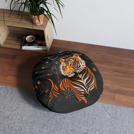 Round Tufted Tiger Floor Pillow – Boho Jungle Cushion, Plush Reversible Seating