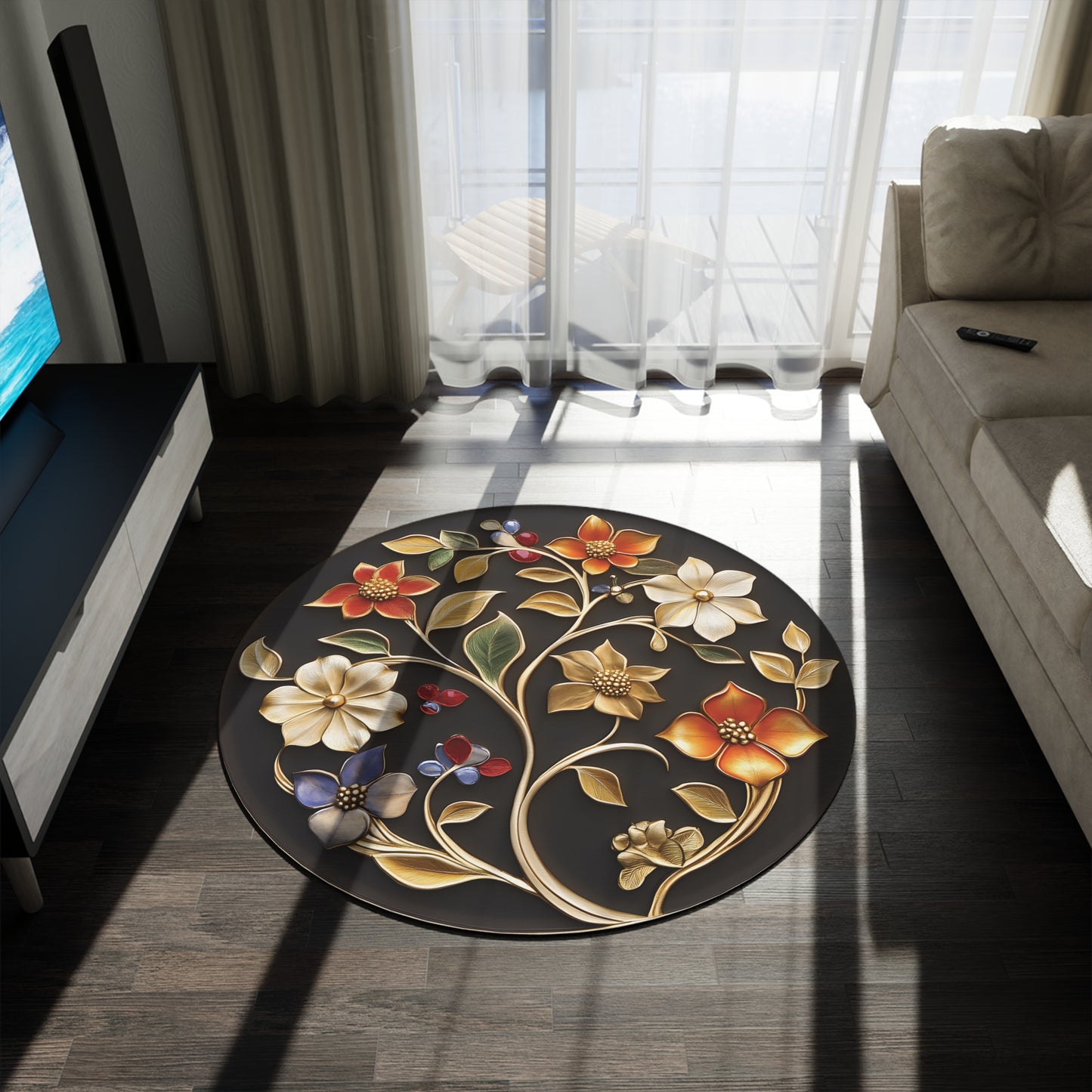 60" Round Dark Floral Chenille Rug - Ornate Black & Gold Botanical Centerpiece for Living Room