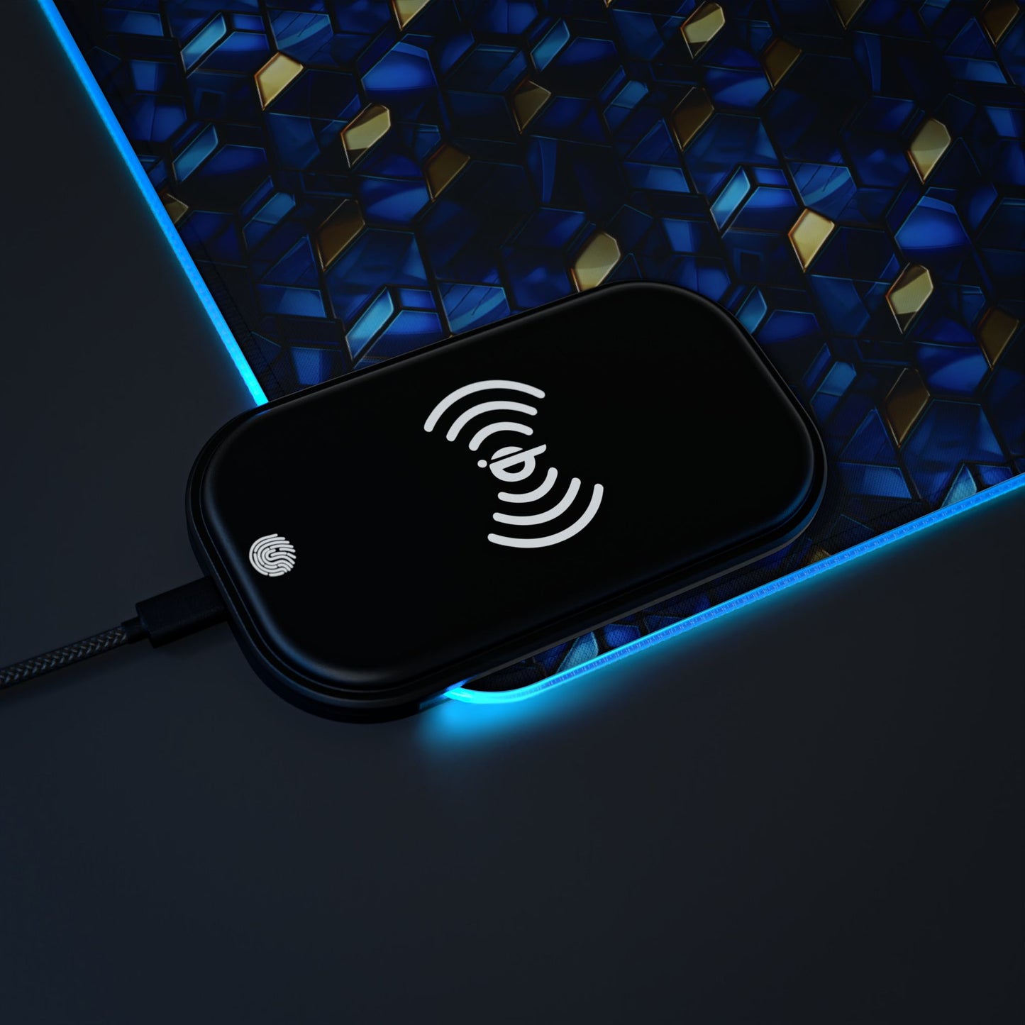 rgb gaming mouse pad with 15w qi charging – blue & gold geometric desk mat