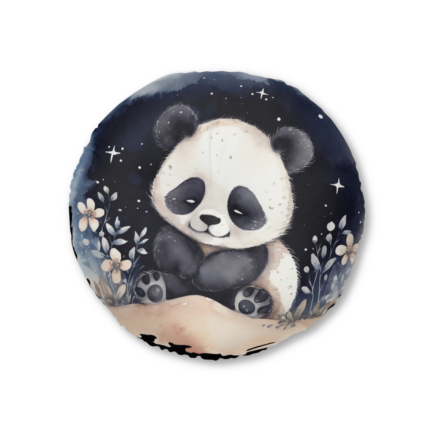 Round Tufted Floor Pillow - Watercolor Baby Panda Night Sky, Nursery Cushion