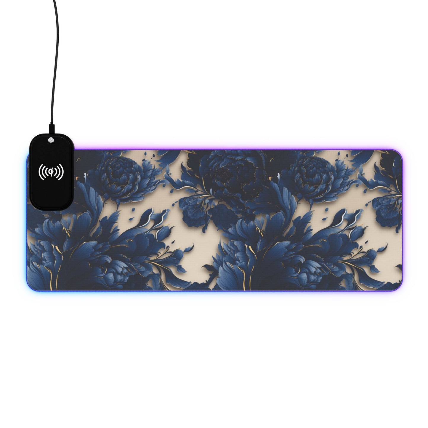 Artistic floral rgb gaming mouse pad with 15w Qi wireless charging, non-slip desk mat