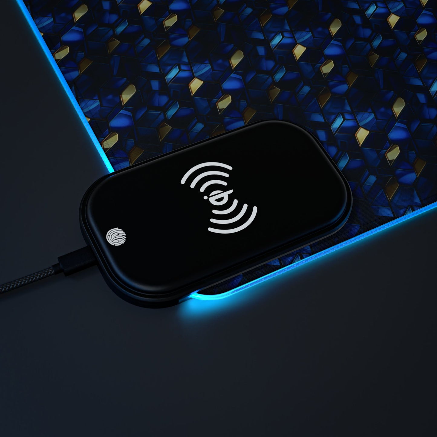 rgb gaming mouse pad with 15w qi charging – blue & gold geometric desk mat