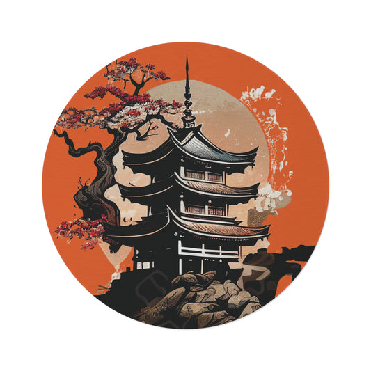 60 Inch Round Rug, Orange Asian Themed Area Rug with Cherry Blossom, Oriental Pagoda Chenille Carpet for Living Room Decor