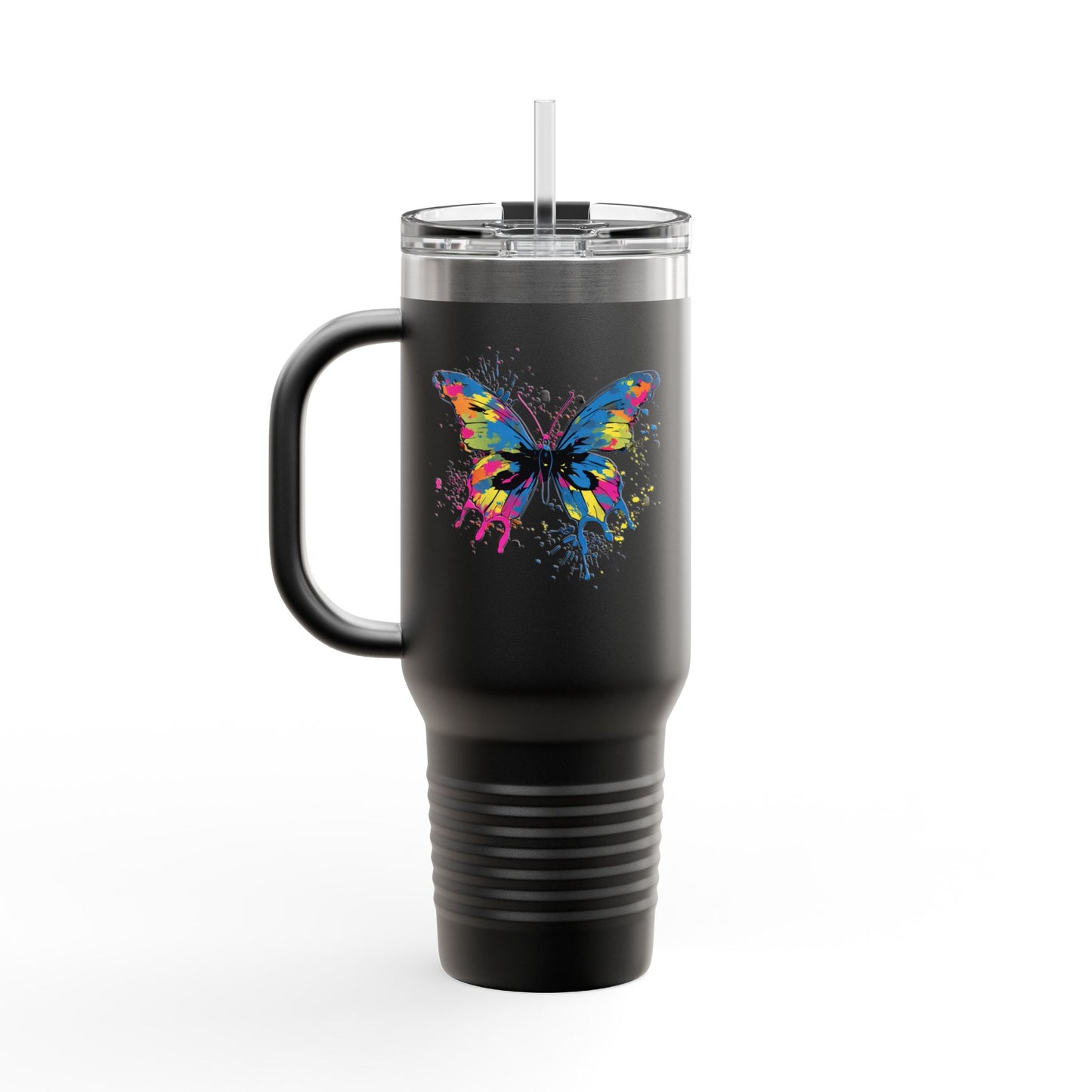 40 Oz Insulated Travel Mug with Butterfly Design - Stainless Steel, Spill-Proof Lid
