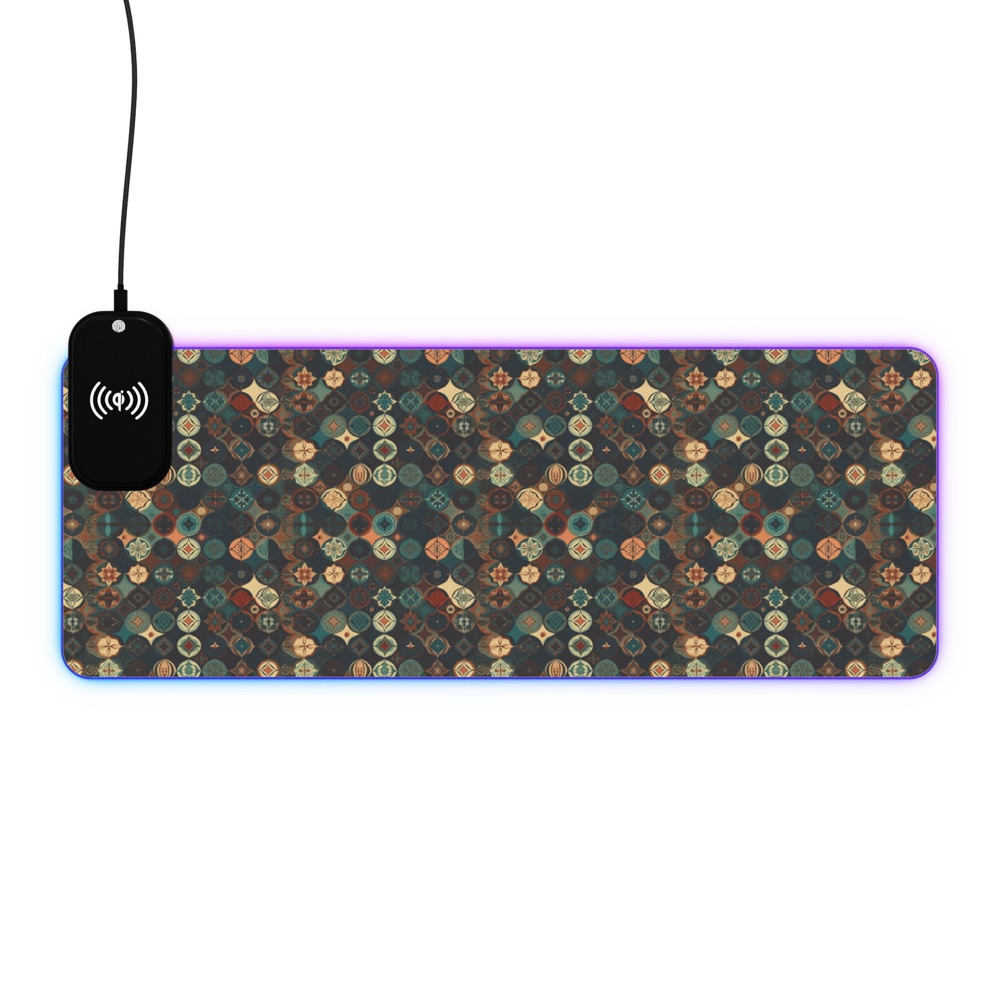 rgb gaming mouse pad with 15w qi charging – smooth xl desk mat, geometric teal gold design