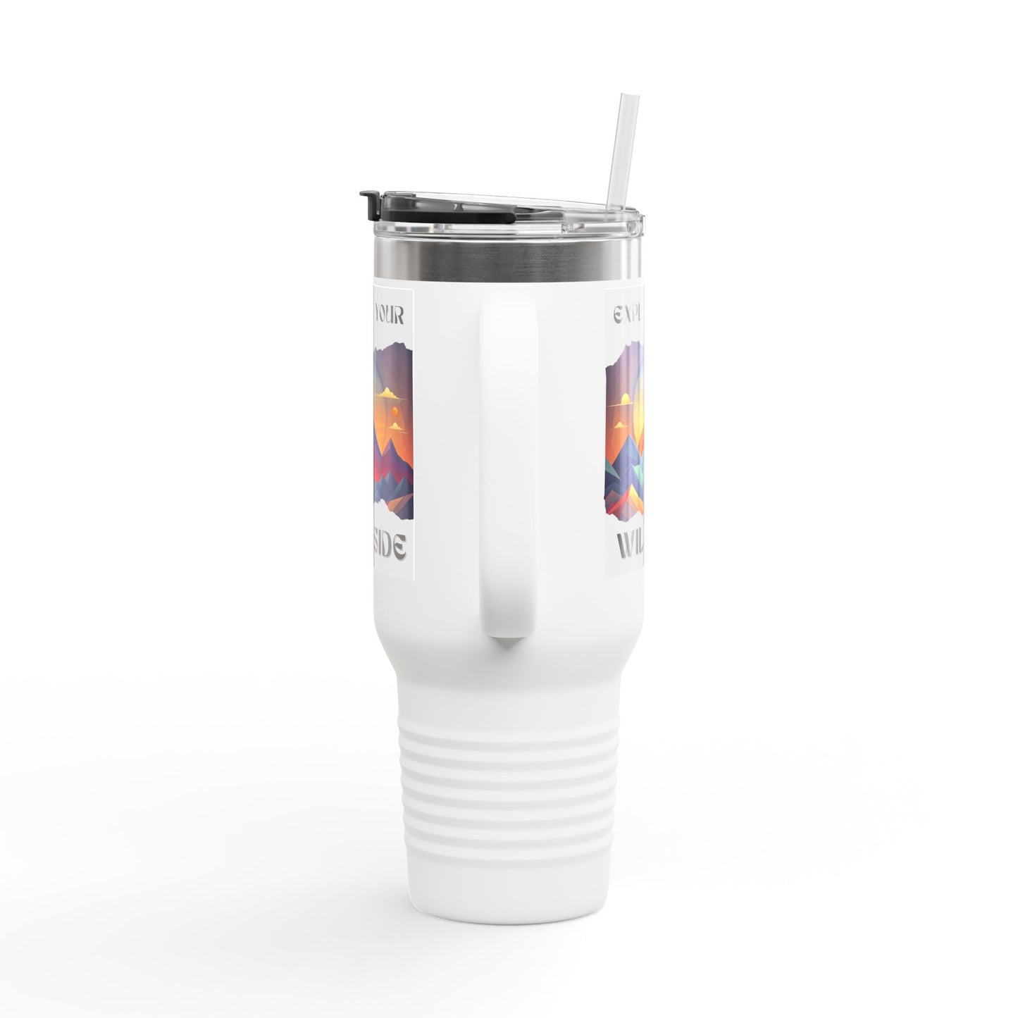 40oz Insulated Travel Mug with Handle, Stainless Steel Mountain Tumbler + Straw - leak-proof lid