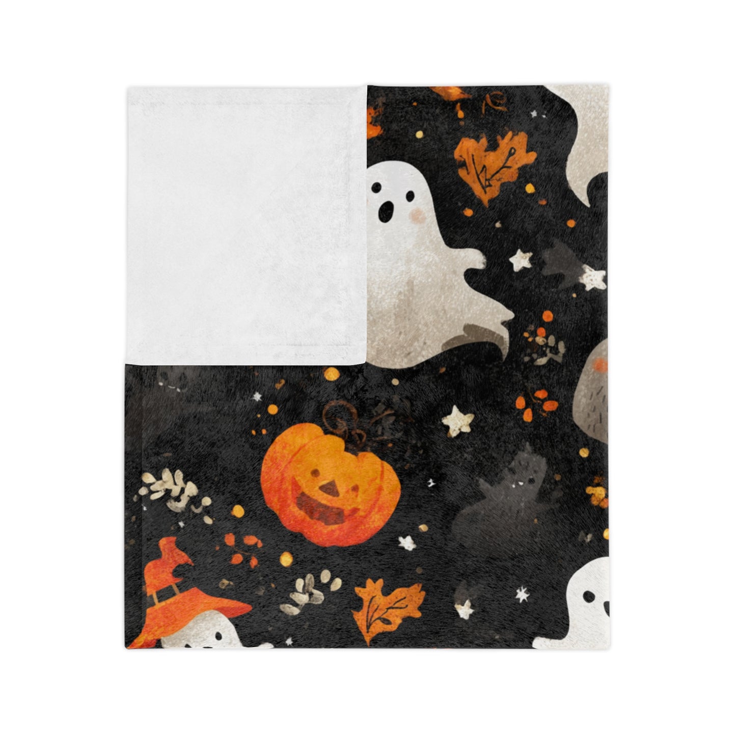 Cozy Halloween Throw Blanket - Velveteen Microfiber with Cute Ghosts & Pumpkins | Night-Sky Black