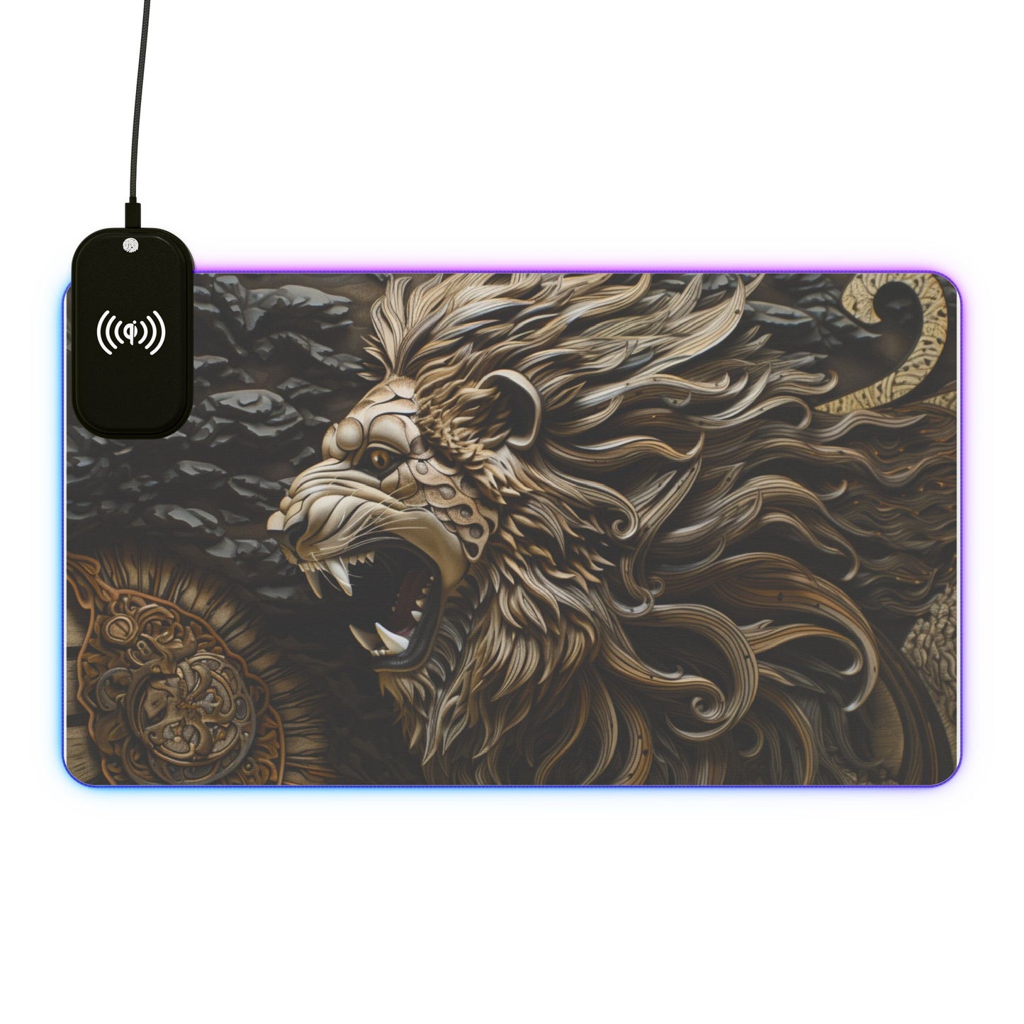 Lion Mandala RGB LED Gaming Mouse Pad with Wireless Charging