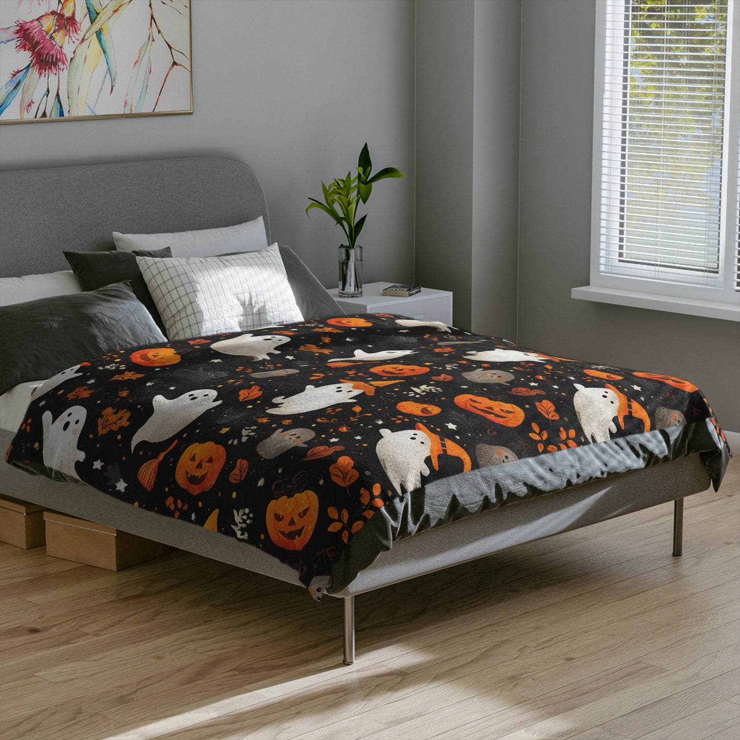 Cozy Halloween Throw Blanket - Velveteen Microfiber with Cute Ghosts & Pumpkins | Night-Sky Black