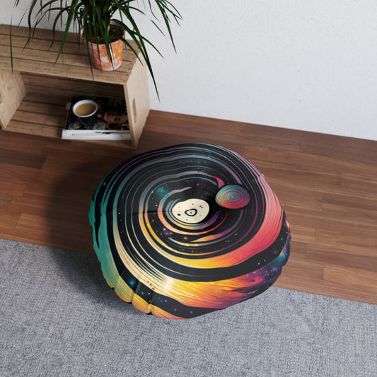 Boho Celestial Round Tufted Floor Pillow - Cosmic Galaxy Cushion, Double-Sided Print