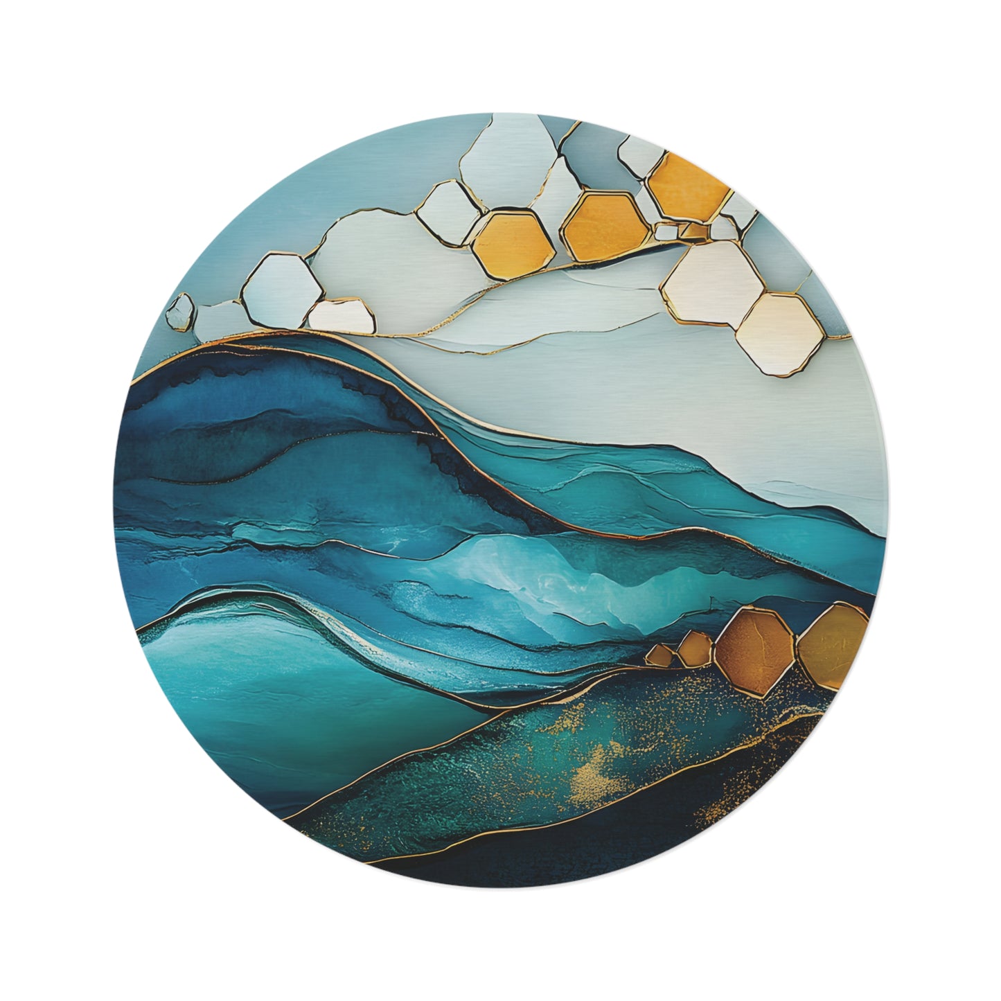 60-Inch Round Decorative Rug - Blue and Gold Wave Hexagon Design in Polyester Chenille