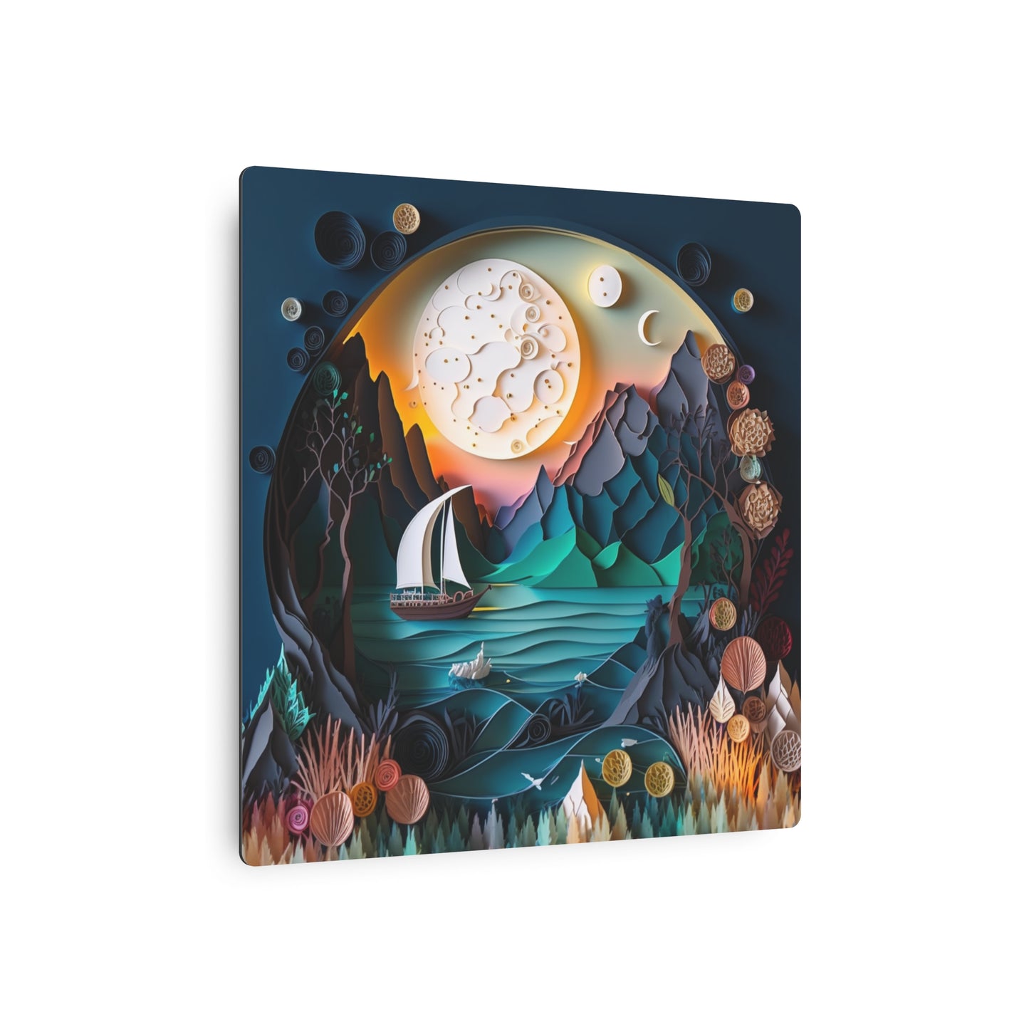 3D Metal Wall Art, Coastal Ocean Scene with Sailboat & Moon | Modern Nautical Home Decor