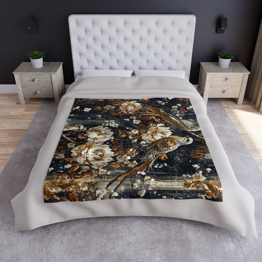 Crushed Velvet Throw Blanket - Dark Floral & Bird Design, Charcoal Bronze, 50x60, Reversible Plush