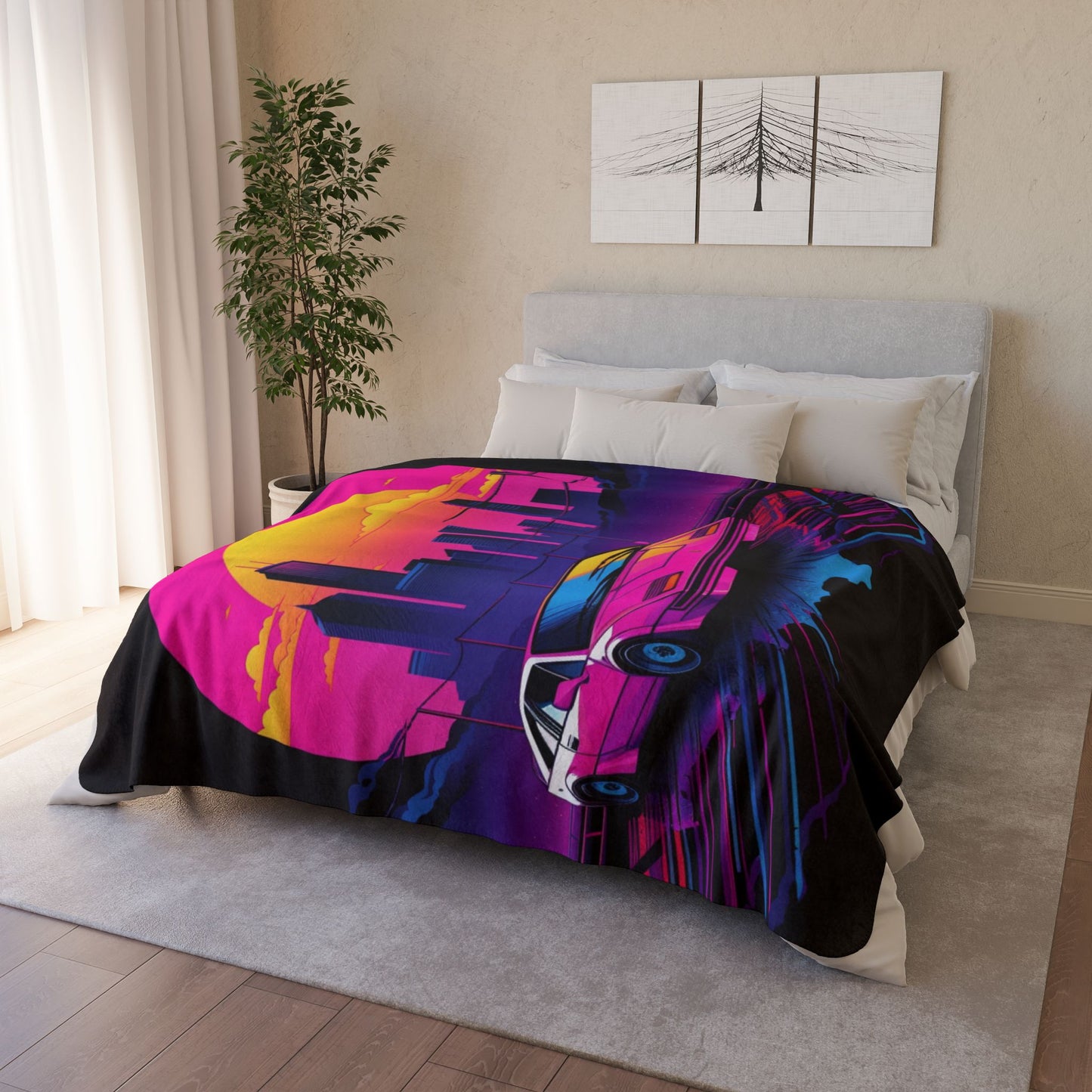 Retro Synthwave Sports Car Fleece Blanket | Neon City Sunset