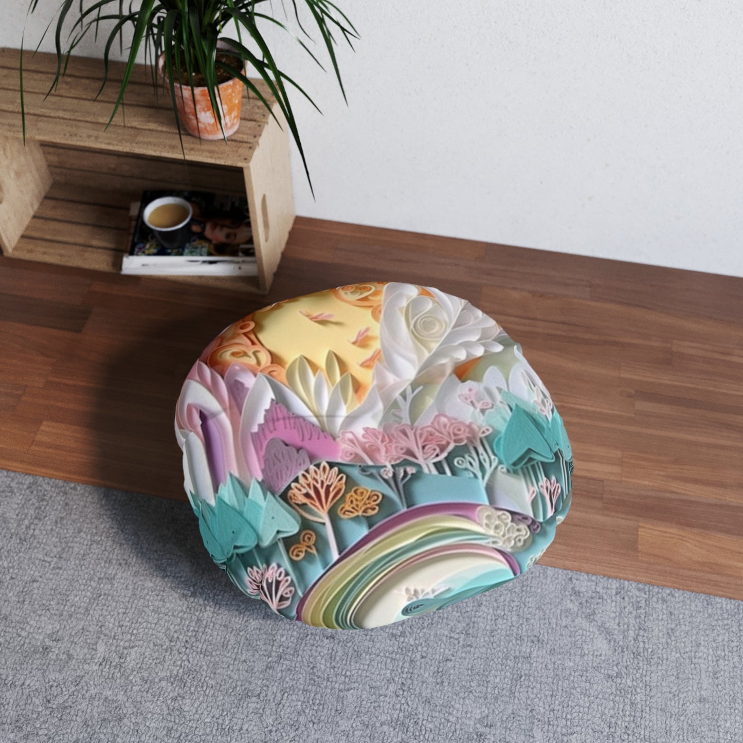 Round Boho Floor Pillow Pouf – Tufted, Colorful Cushion for Extra Seating & Meditation Whimsical Art