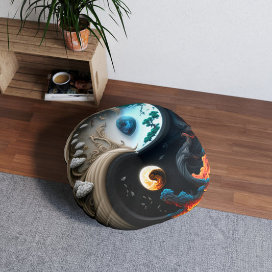 Boho Round Tufted Floor Pillow - Cosmic Yin Yang Cushion for Meditation & Reading Nooks