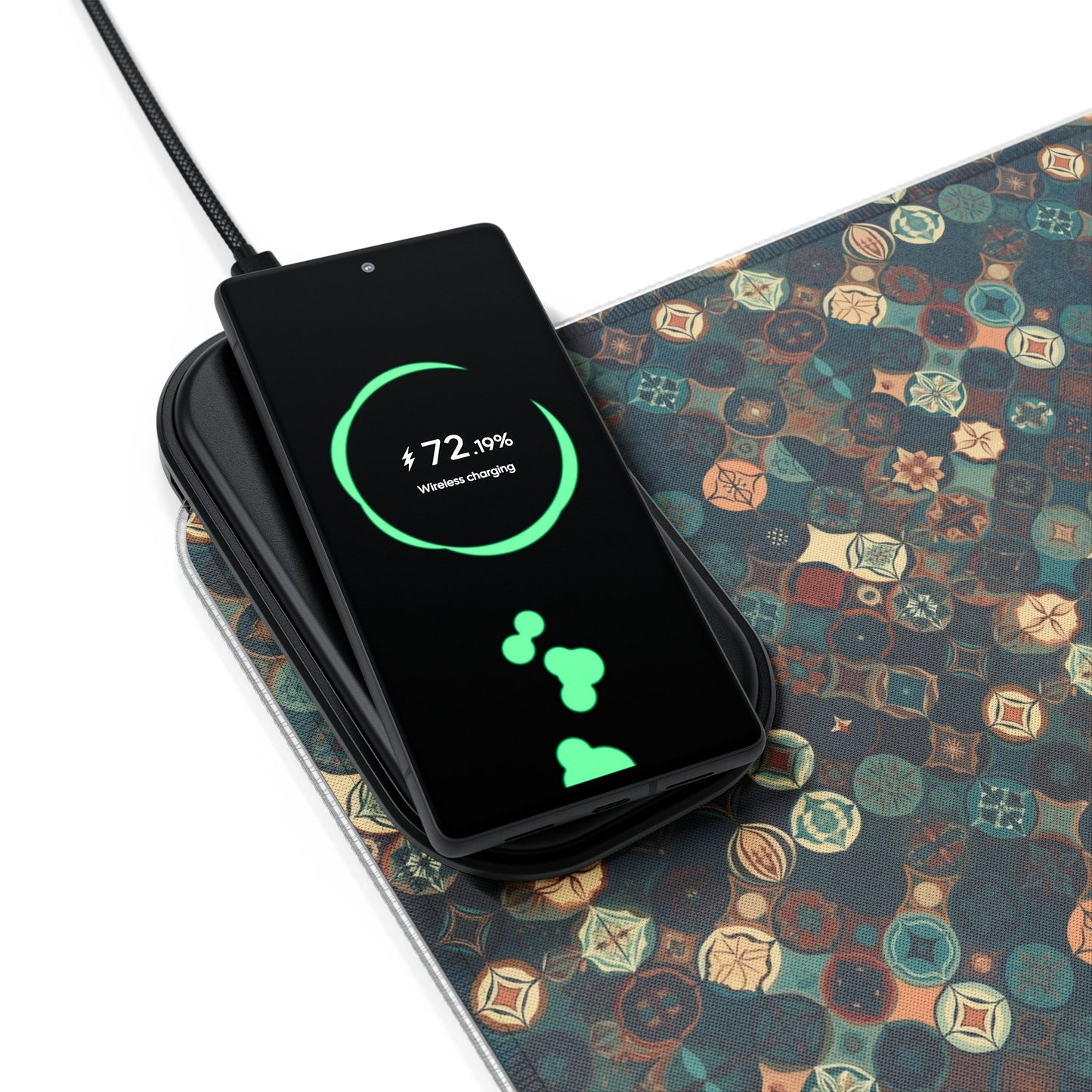 rgb gaming mouse pad with 15w qi charging – smooth xl desk mat, geometric teal gold design