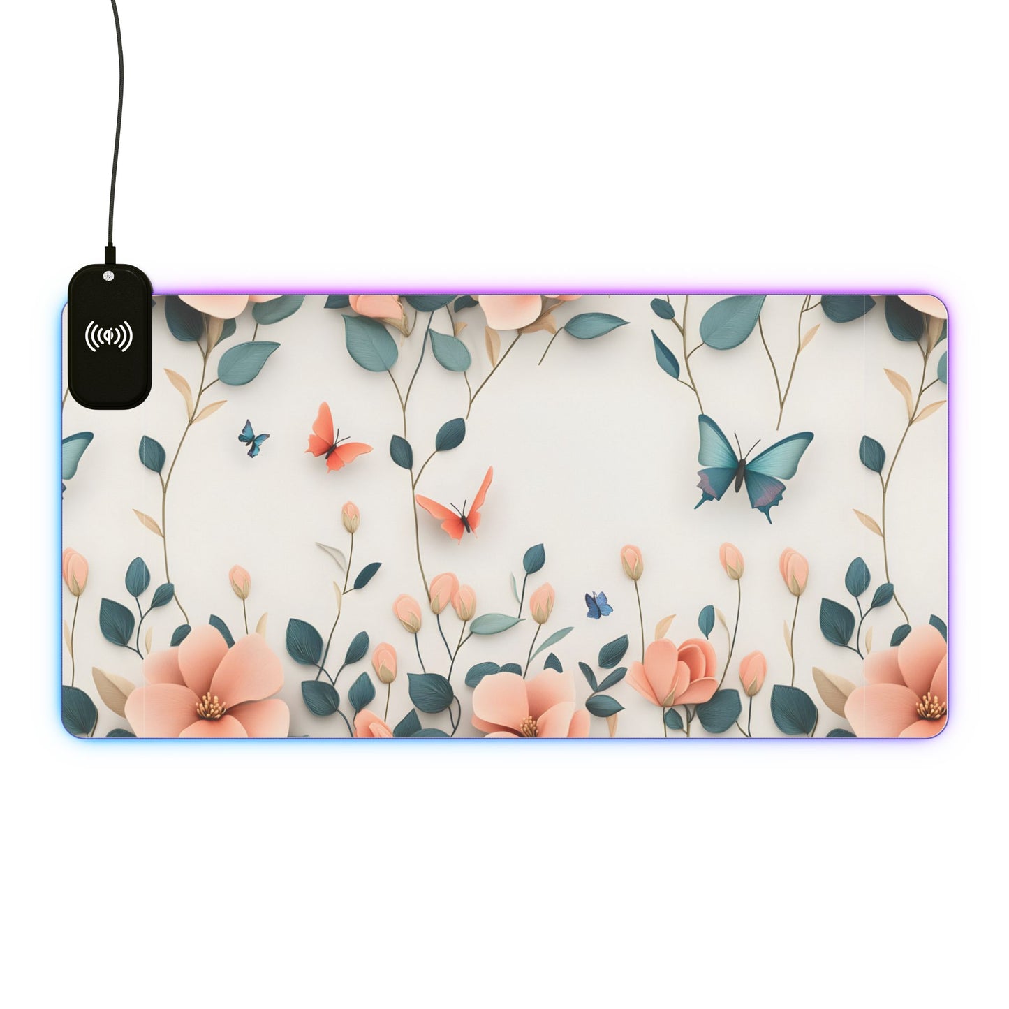 Floral RGB LED Gaming Mouse Pad 39x20 – Large Wireless Charging Desk Mat Non-Slip