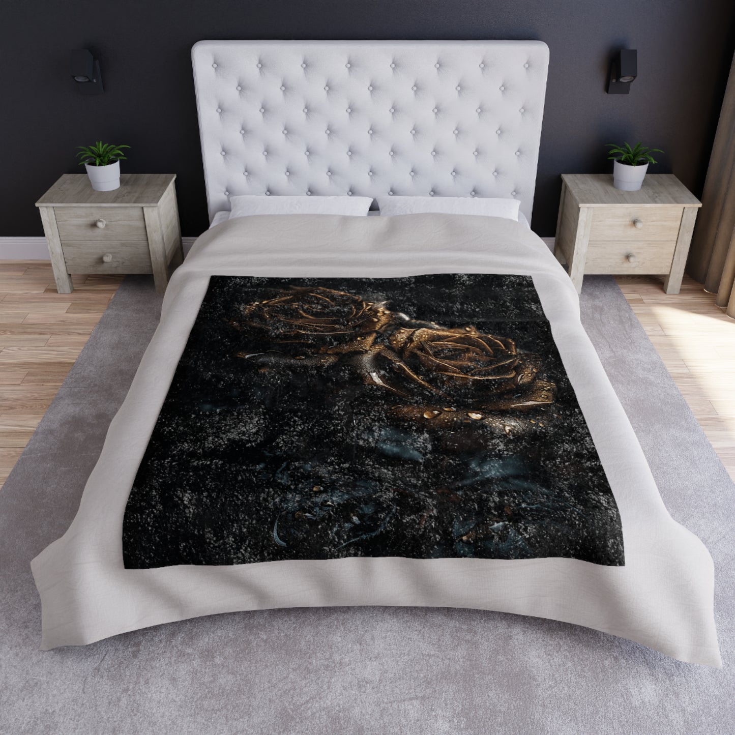 Gold Rose Artwork Crushed Velvet Blanket | Dark Floral Velvet Throw