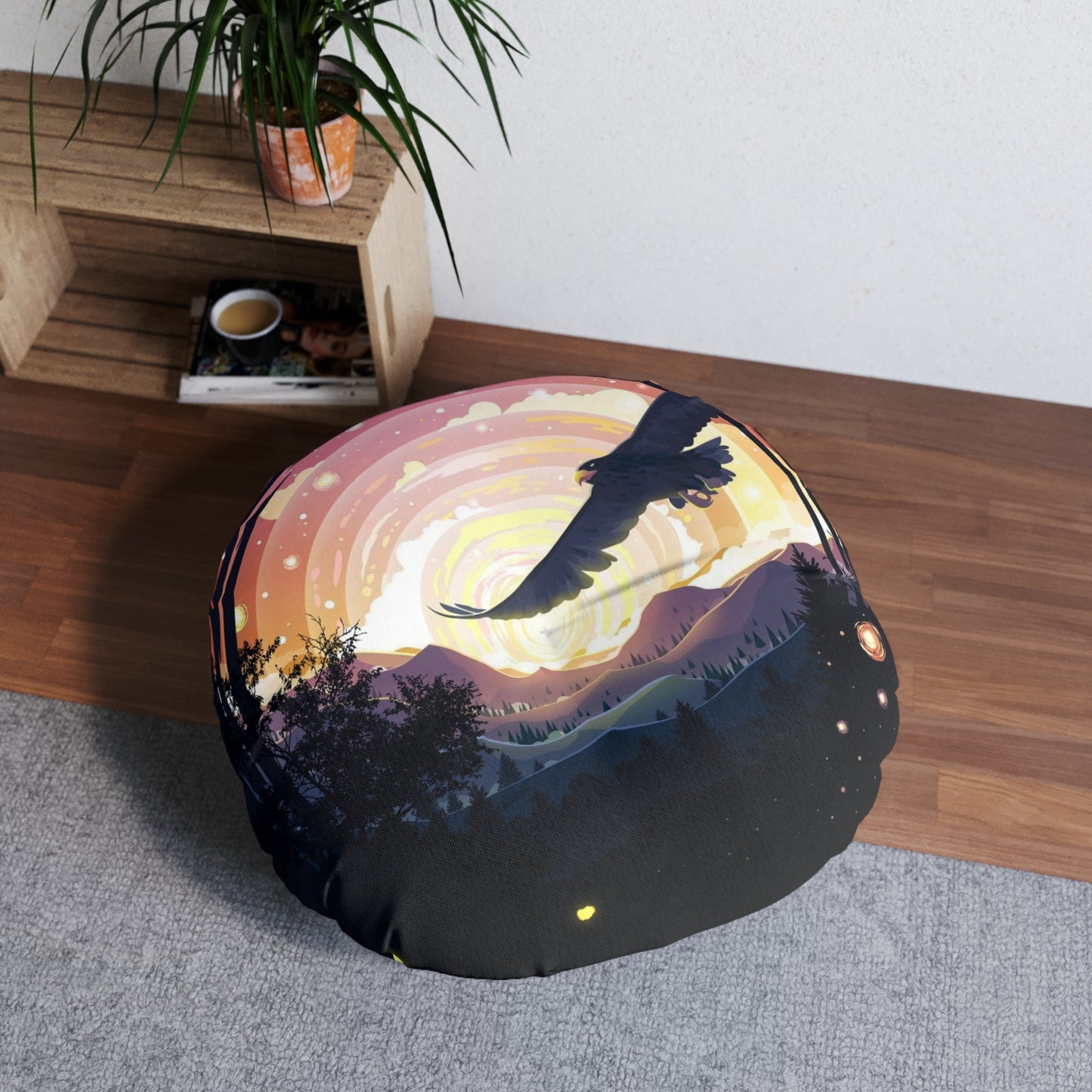 Boho Round Tufted Floor Pillow – Celestial Bird & Sunset Mountains, Double-Sided