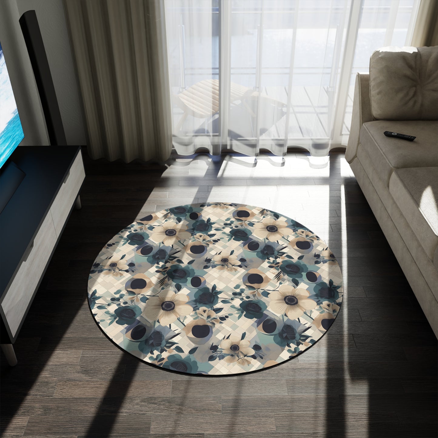 60-Inch Round Floral Chenille Rug, Earth-Tone Botanical Area Rug with Coated Backing