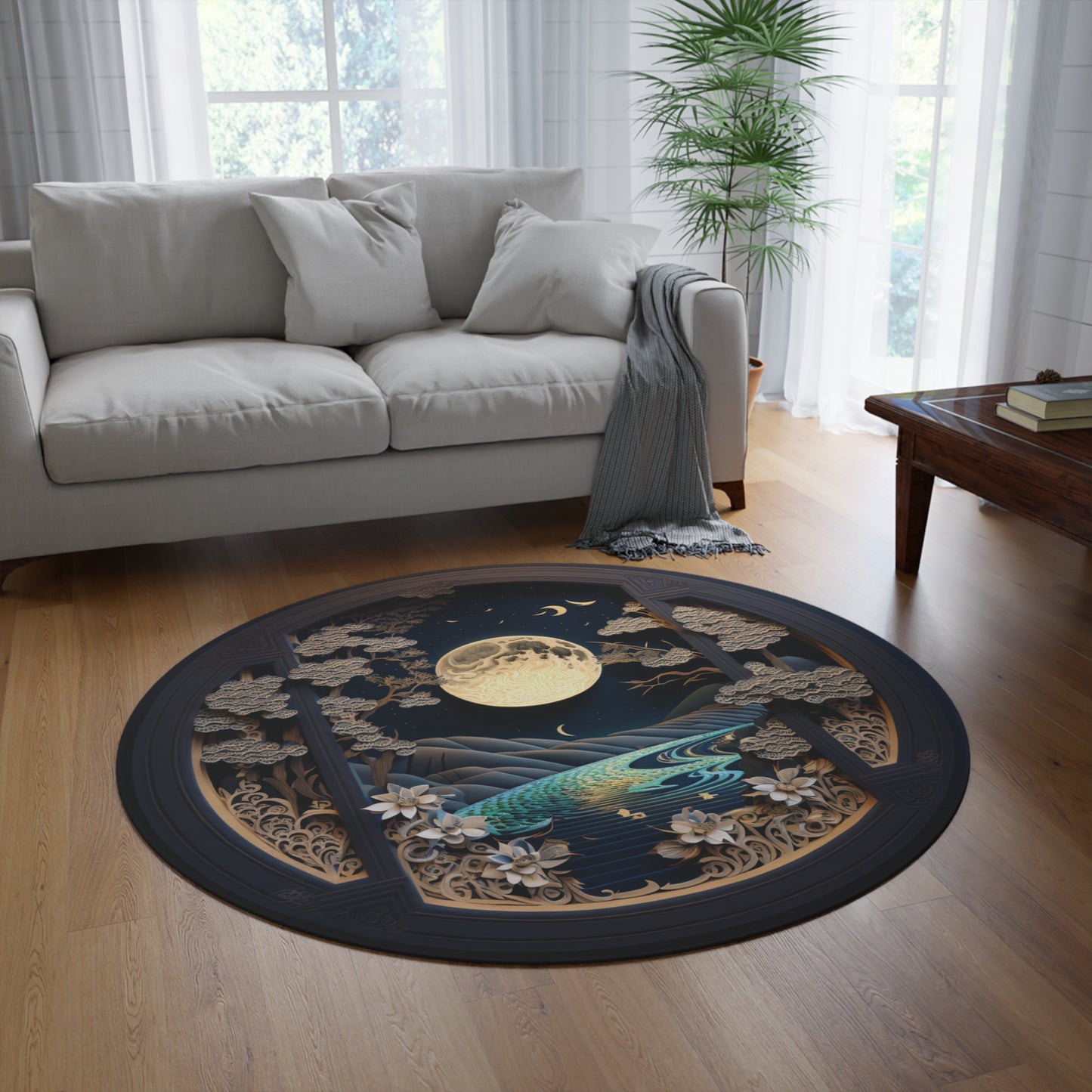 60 Inch Round Celestial Chenille Rug – Moonlit Area Rug with Non-Slip Backing