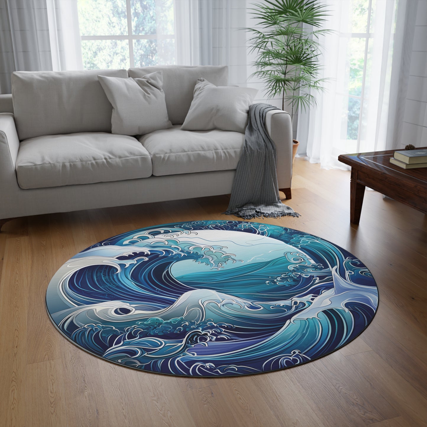 60" Round Ocean Wave Rug | Large Blue Chenille Coastal Area Rug | Modern Artistic Living Room Decor