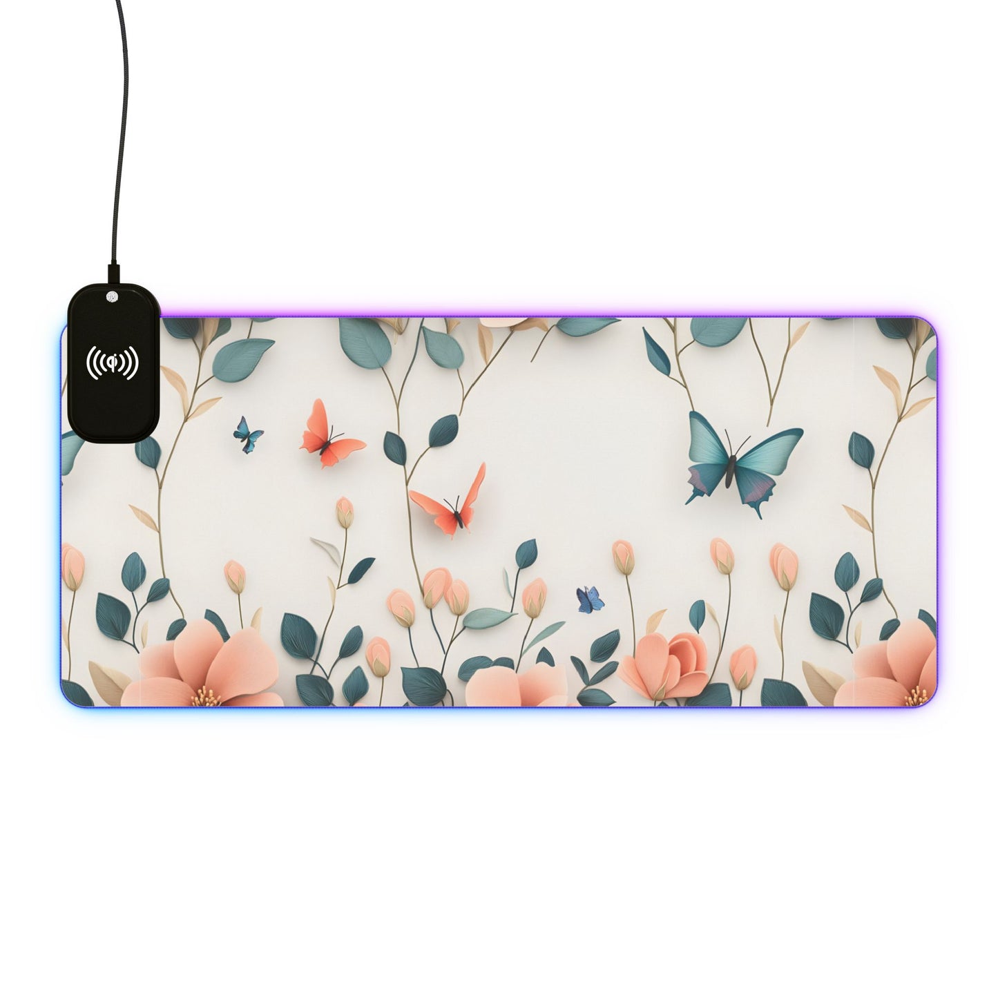 Floral RGB LED Gaming Mouse Pad 39x20 – Large Wireless Charging Desk Mat Non-Slip