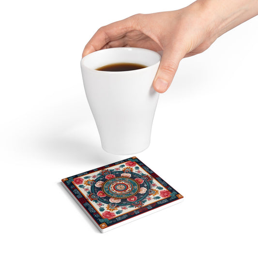 Vintage Floral Ceramic Coaster with Cork Back – Square Teal & Navy Mandala Medallion