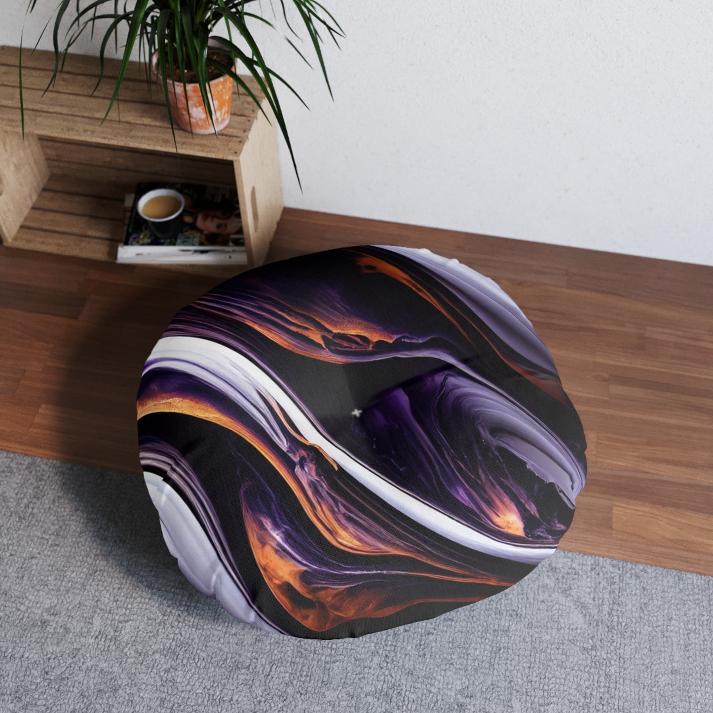 Round Tufted Floor Pillow – Galaxy Boho Pouf Cushion, Cosmic Swirl, Reversible, Two Sizes