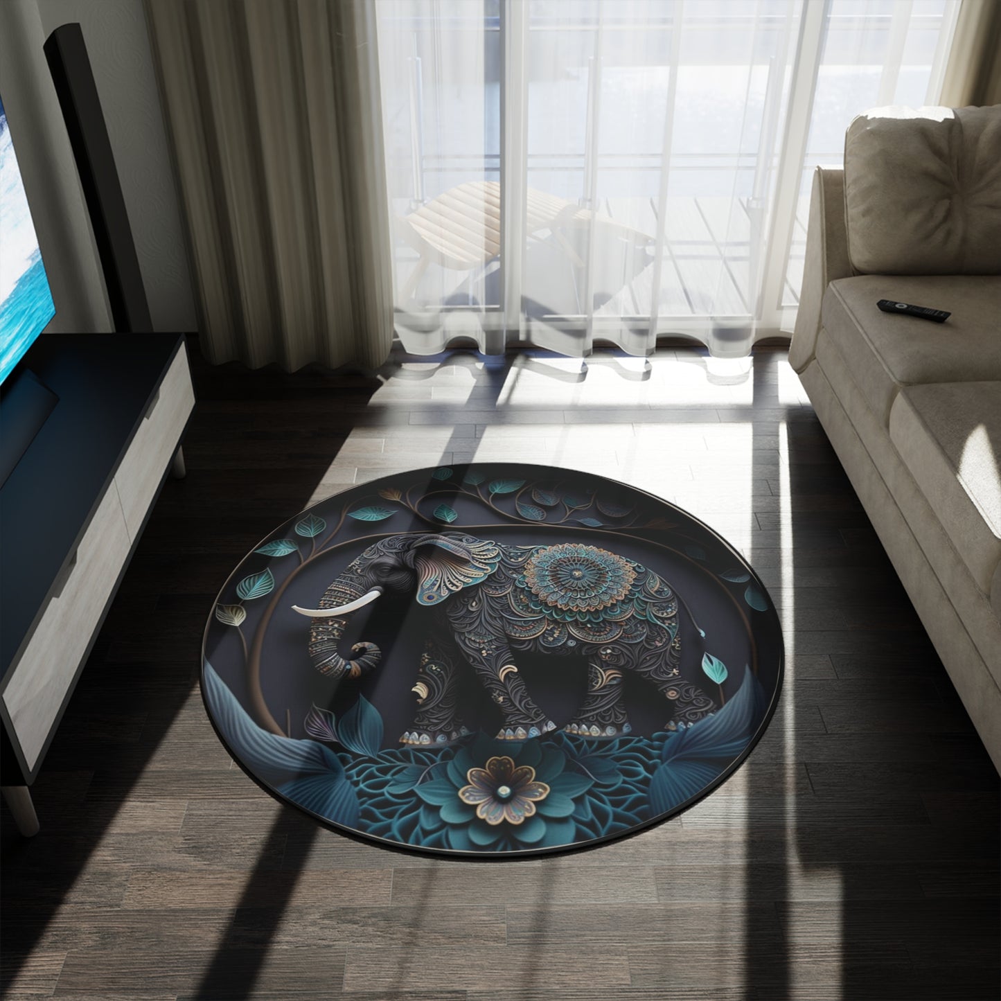 60" Elephant Mandala Round Rug - Blue Teal Boho Floral Meditation Decor & Soft Chenille Floor Mat