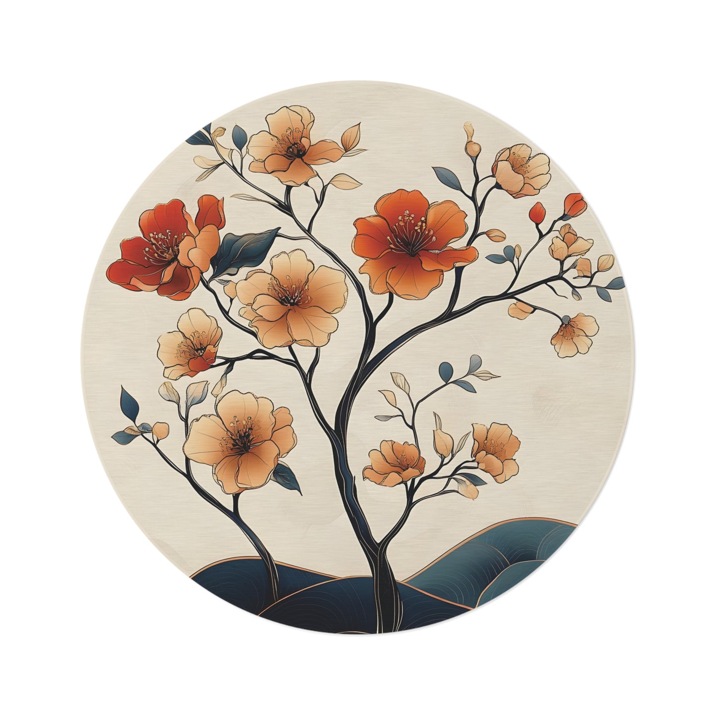 60" Round Botanical Rug, Flowering Tree Art Chenille Area Rug, Peach & Teal Nature Decor